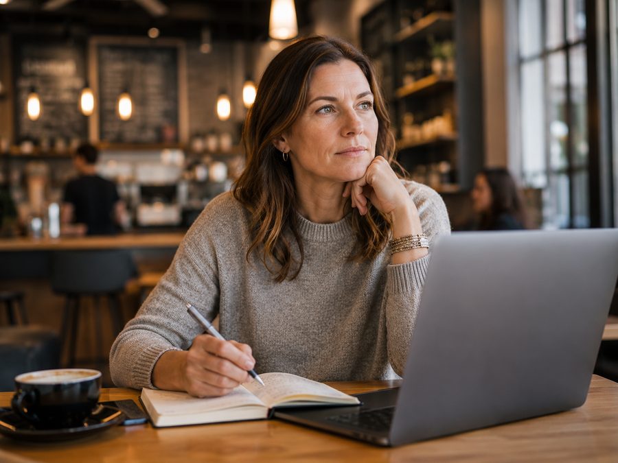 A professional taking notes at a cafe while planning her next move