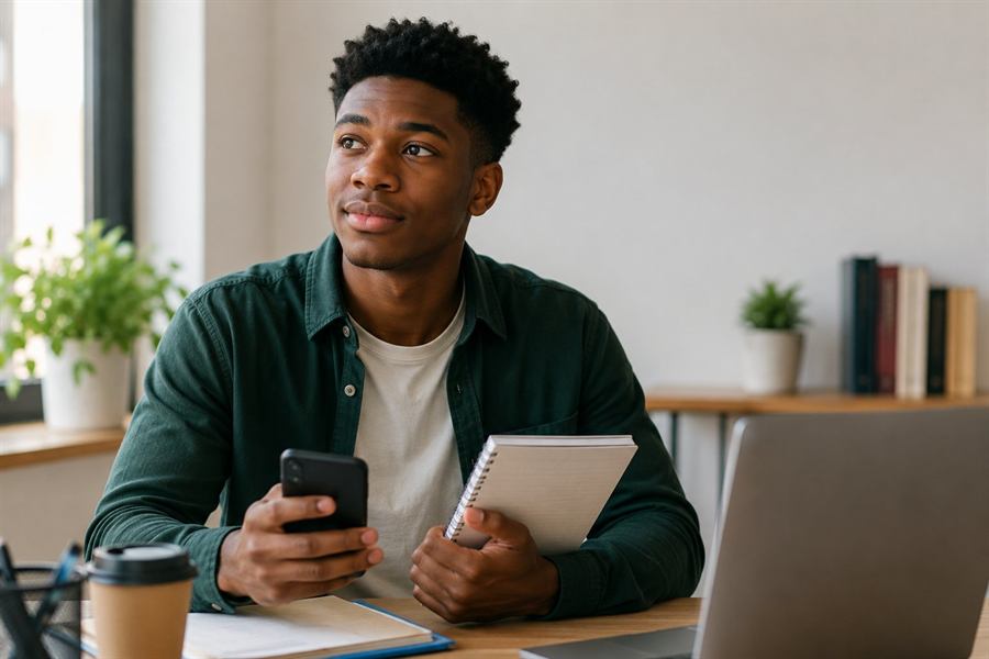 A first-time job seeker checking notes