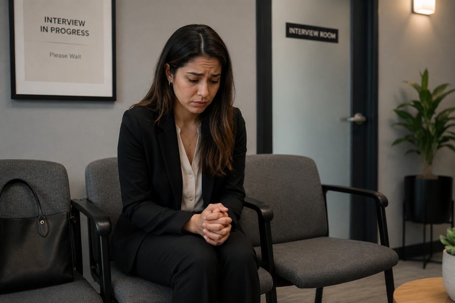 Someone taking a calming breath before an interview